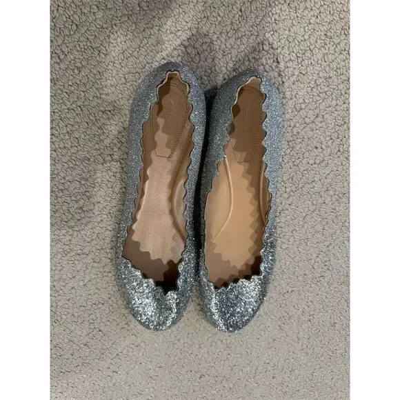 Chloé Lauren Silver Glitter Ballerina Flats Women's Size 40 - Picture 2 of 3